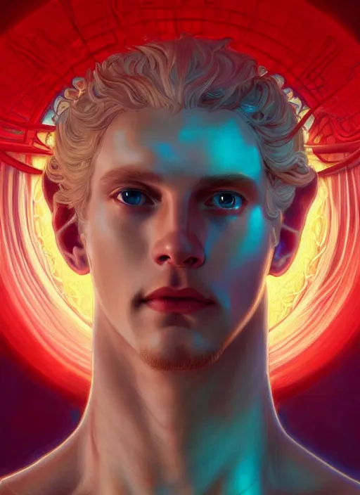 Image similar to the pale blond sun god apollo smirking, full body shot, sci fi, glowing eyes, volumetric lights, red and cyan theme, art nouveau botanicals, intricate, highly detailed, digital painting, artstation, concept art, smooth, sharp focus, cinematic, illustration, beautiful face, art by artgerm and greg rutkowski and alphonse mucha