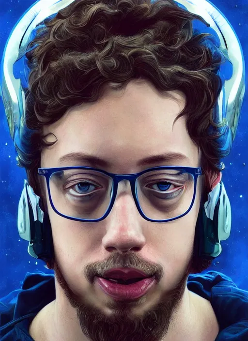 Prompt: portrait of Sam Hyde as a futuristic airforce, inside future fighter, sci-fi, fantasy, intricate, very very alpha and sigma, elegant, human anatomy, royal blue light, highly detailed, digital painting, artstation, concept art, smooth, sharp focus, illustration, art by tian zi and WLOP and alphonse mucha