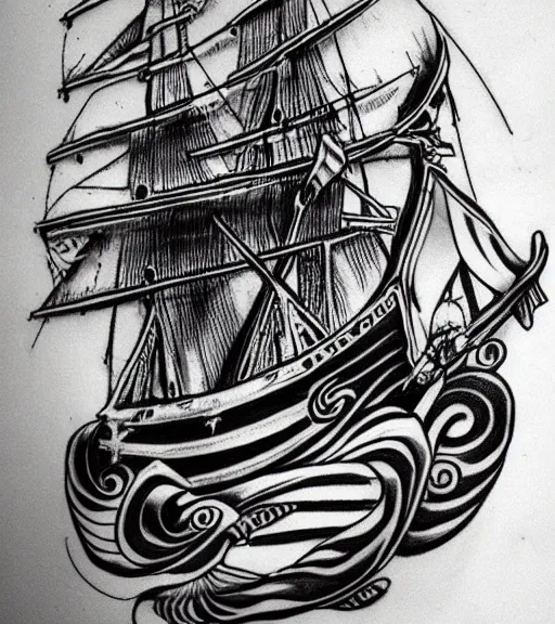 Image similar to A tattoo design on paper of a pirate ship, on paper, black and white, highly detailed tattoo, realistic tattoo, realism tattoo, beautiful shades