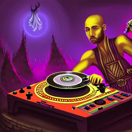 Image similar to fantasy painting of a dj set with turntable in a fantasy dungeon in the style of dnd,