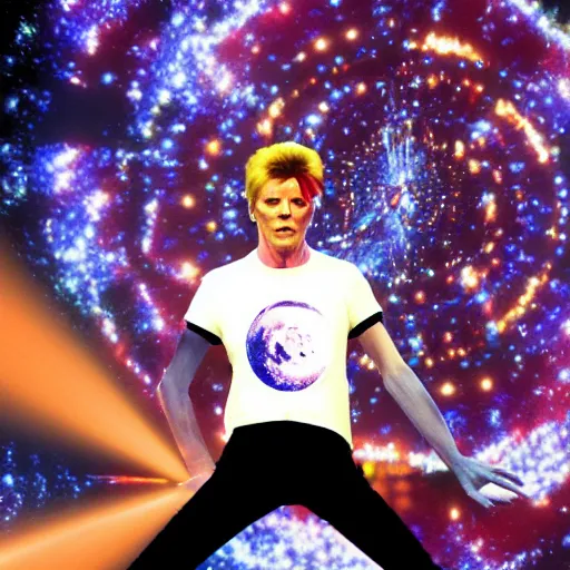 Image similar to a hyperreality concert david bowie wearing a dao yin - yang t - shirt performing on top of the spaceship in deep space, galaxies swirling around