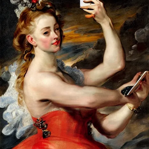 Image similar to heavenly summer sharp land sphere scallop well dressed lady taking a selfie with her cellphone auslese, by peter paul rubens and eugene delacroix and karol bak, hyperrealism, digital illustration, fauvist, cellphone