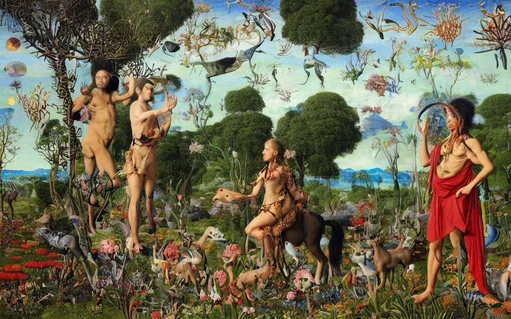 Image similar to photograph of a meditating centaur shaman and a striped catgirl feeding animals. surrounded by bulbous flowers, animals and a few trees. river delta with rock cliffs under a blue sky full of burning stars. painted by jan van eyck, max ernst, ernst haeckel, ernst fuchs and artgerm. trending on artstation, trending on cgsociety