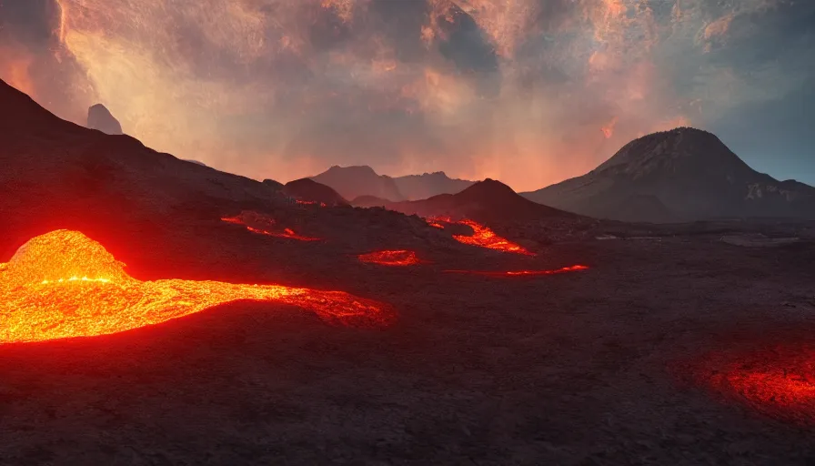 Prompt: a volcanic landscape, golden flowing lava, cinematic lighting, behance hd, trending on artstation, global illumination, radiating, a glowing aura, ray tracing, hdr, matte painting