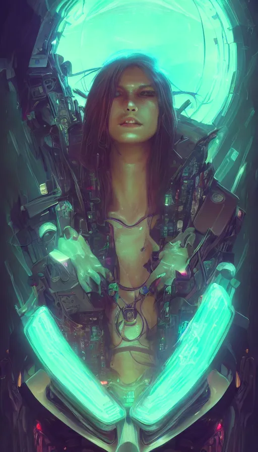 Image similar to I have no mouth and i want to scream, cyberpunk angry gorgeous druid, neon, fibonacci, sweat drops, insane, intricate, highly detailed, digital painting, artstation, concept art, smooth, sharp focus, illustration, Unreal Engine 5, 8K, art by artgerm and greg rutkowski and alphonse mucha