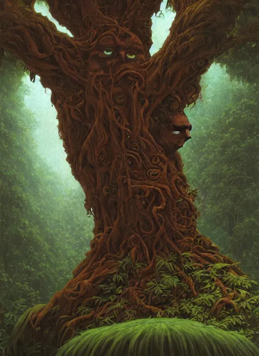 Prompt: ayahuma tree with a face of an old man on its trunk, art by christophe vacher