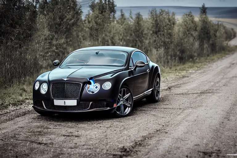 Image similar to modern rusty matte tired Bentley Continental GT without gloss no reflections drives along the road of an old Russian village with houses at the edges