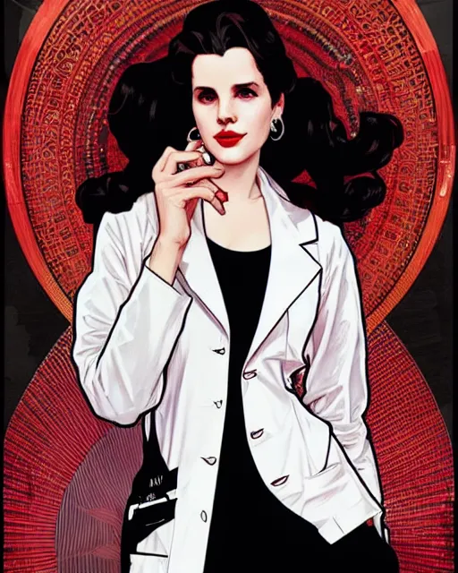 Image similar to lana del rey as a confident scientist, wearing a labcoat, intricate, red white and black color scheme, illustration by krenz cushart, alphonse mucha, artgerm, trending on artstation