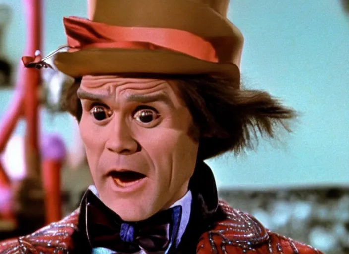 Image similar to film still of Jim Carrey as Willy Wonka in Willy Wonka and the Chocolate Factory 1971