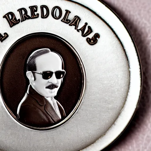 Image similar to A photograph of a delicious chocolate coin that is engraved with a portrait of young leon redbone, highly detailed, close-up product photo, depth of field, sharp focus