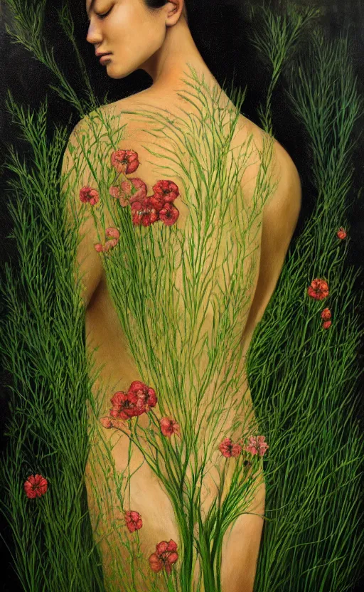 Prompt: female figure with grass flowers and leaves growing from her skin, black background, hyperrealistic painting, serene, peaceful, mysterious