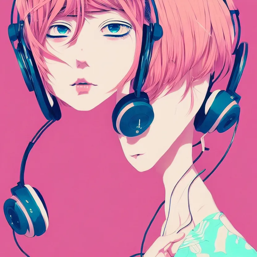 Image similar to girl with headphones, very anime!!! anime!! intricate details, aesthetically pleasing pastel colors, poster background, art by conrad roset and ilya kuvshinov