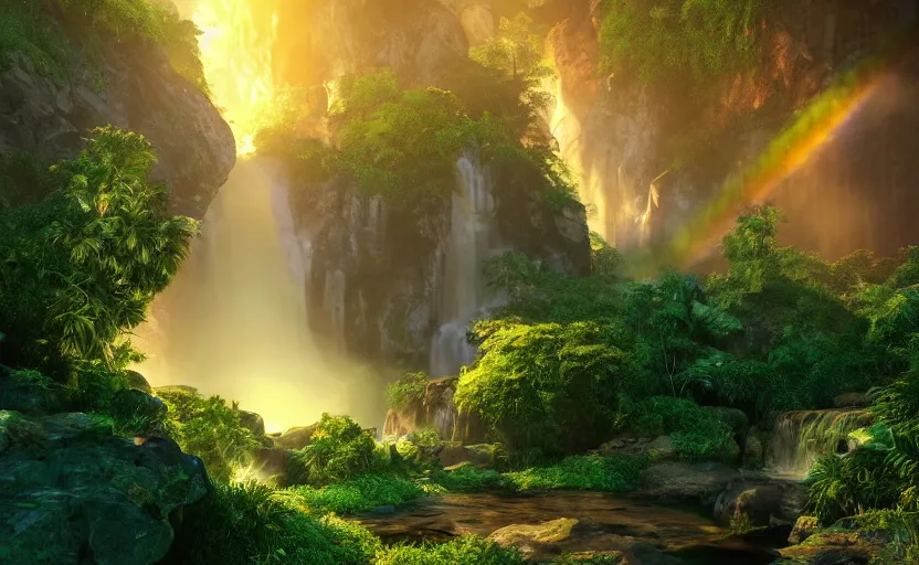Prompt: a beautiful and stunning professional digital artwork of a humongous gold cave, haze, waterfall, volumetric lighting, hyperrealistic, green, blue, sunset, unreal engine 5, ultra detail