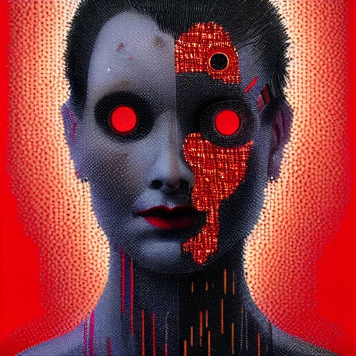 Prompt: Pointillisme potrait of a cyborg with black and red robotic parts, medium shot, asymmetrical, profile picture, Organic Painting, sunny day, Matte Painting, bold shapes, hard edges, street art, trending on artstation, by Huang Guangjian and Gil Elvgren and Sachin Teng
