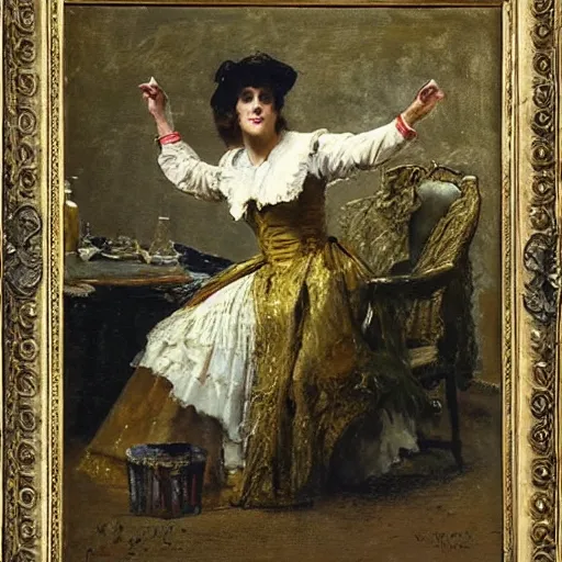 Prompt: actress rehearsing an action scene on stage by alfred stevens