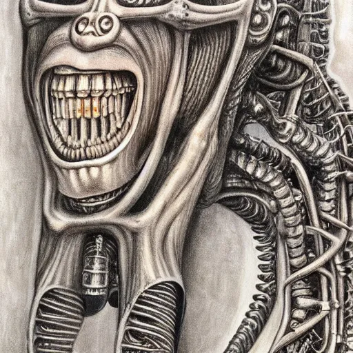 Prompt: detailed art by H.R. Giger for a tank made of human flesh in a body horror style