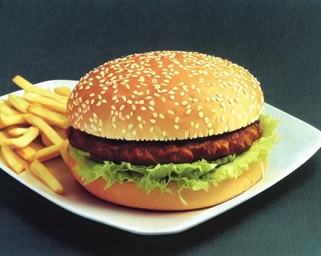 Image similar to 1970's cookbook color photograph of a big Mac with side of fries sharp detail high detail