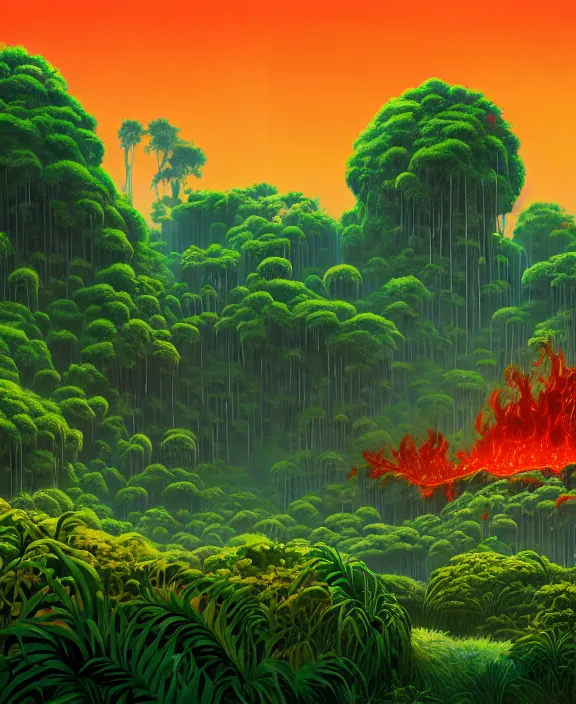 Image similar to simplicity, an simple structure made out of exotic fungus, overgrown with lush floral jungle, partly cloudy, hellscape, hell, fire, brimstone, lava, by dan mumford, yusuke murata, makoto shinkai, ross tran, cinematic, unreal engine, cel shaded, featured on artstation, pixiv