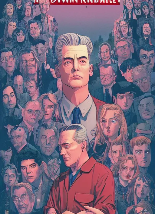 Prompt: Twin Peaks comic book cover movie poster artwork by Tomer Hanuka, Rendering the blue rose full of details, Michael Whelan, Patryk Hardziej, Makoto Shinkai and thomas kinkade, by Gregory Crewdson, Matte painting, trending on artstation and unreal engine