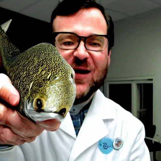 Prompt: a scientist shows off his captive live specimen that is the funniest thing in the world. the room the scientist is in is full of news reporters laughing hysterically while holding cameras and microphones.