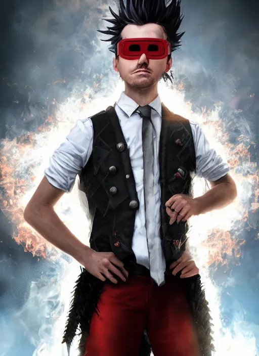 Image similar to An epic fantasy comic book style portrait painting of young man with long red spiked hair. Wearing a black waistcoat, white shirt, using googles. Blasting fire on his hands. Unreal 5, DAZ, hyperrealistic, octane render, cosplay, RPG portrait, dynamic lighting