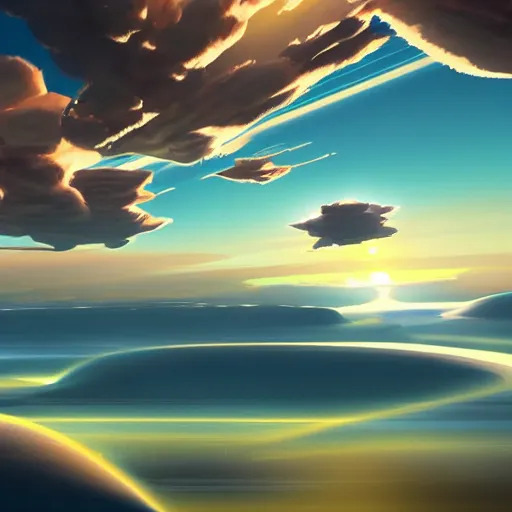 Prompt: floating sky islands above the plains, digital art, dramatic lighting, golden hour, trending on artstation