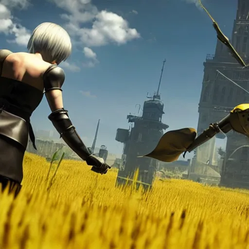 Prompt: a very high resolution image from nier : automata, featuring 9 s android fighting russian spetznaz in yellow rye field under pure blue skies