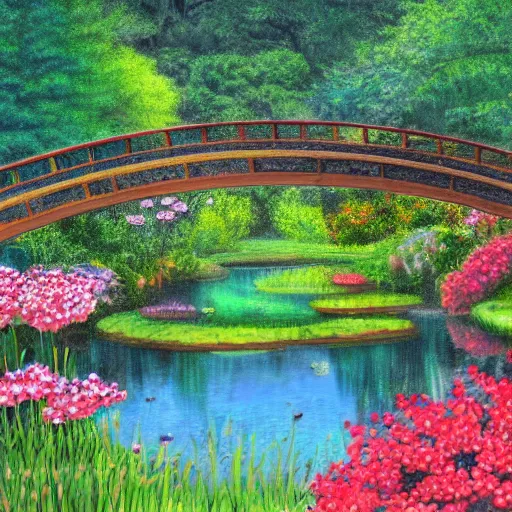 Image similar to a bridge over a pond in a garden filled with flowers, a digital rendering by cherryl fountain, featured on cg society, cloisonnism, enchanting, vivid colors, rich color palette