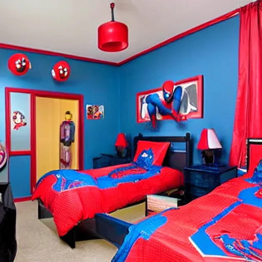 Image similar to room of spiderman fans, is mess, bedroom, chair, teenager room, wide shot