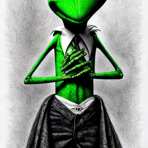 Image similar to michael karcz grunge cartoon drawing of kermit the frog. , in the style of corpse bride, loony toons style, horror themed, detailed, elegant, intricate