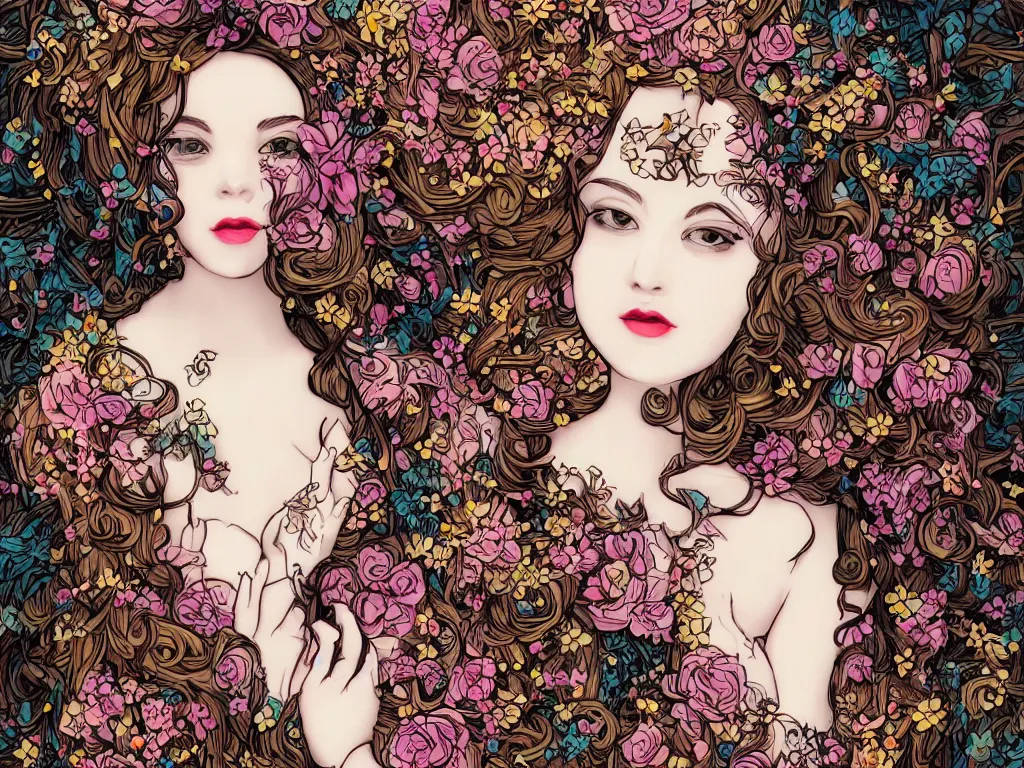 Image similar to beautiful girl digital art james jean long hair with flowers baroque