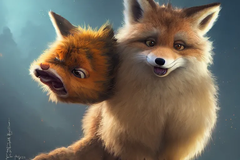 Image similar to The fluffiest little fur creature in the world, hybrid cat bear fox tiger lion , fullbody, oil painting, disney, zootopia, Greg Rutkowski, Charlie Bowater, unreal 5, DAZ, hyperrealistic, octane render, RPG portrait, dynamic lighting, fantasy art, beautiful face