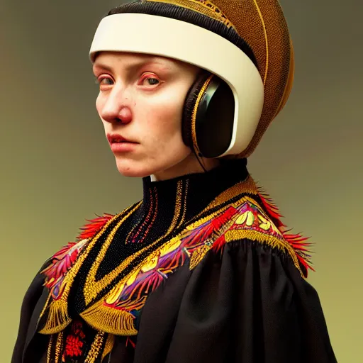 Image similar to Colour Caravaggio style Photography of Highly detailed beautiful Woman with 1000 years perfect face and wearing detailed Ukrainian folk costume designed by Taras Shevchenko also wearing highly detailed retrofuturistic headset designed by Josan Gonzalez. Many details In style of Josan Gonzalez and Mike Winkelmann and andgreg rutkowski and alphonse muchaand and Caspar David Friedrich and Stephen Hickman and James Gurney and Hiromasa Ogura. Rendered in Blender and Octane Render volumetric natural light