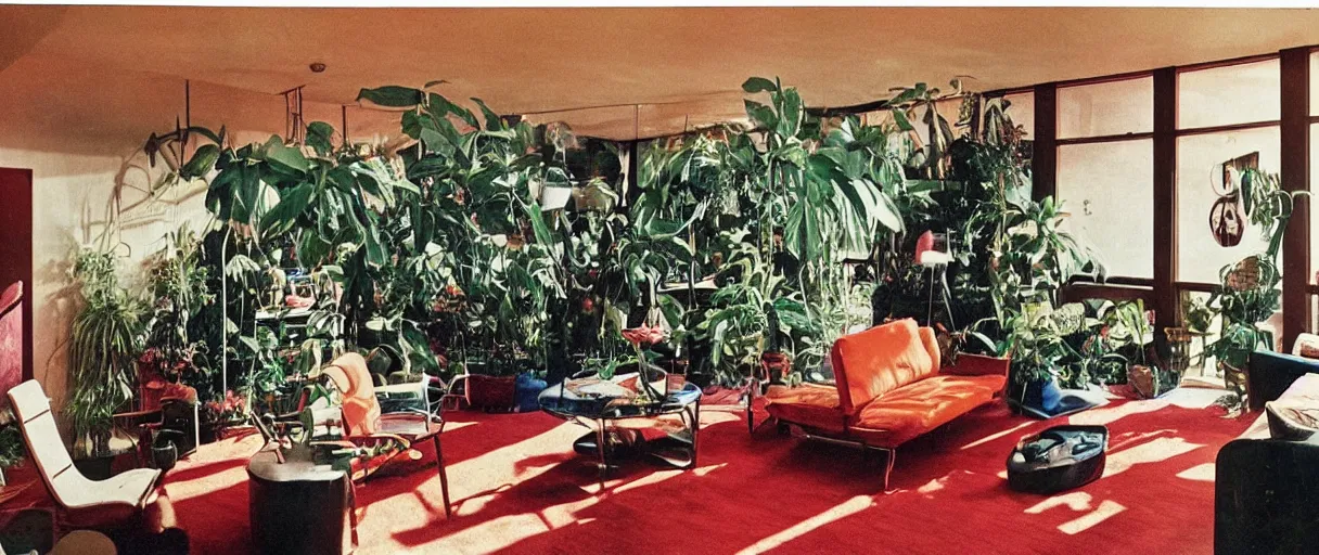 Prompt: 1970s interior design magazine photo of a living room, with a few hanging plants and lava lamps, and a couch, grainy, sunfaded, and circular windows, an A-Frame ceiling, cats on the couches, a rug on the floor, wooden walls, a potted cactus, art on the walls