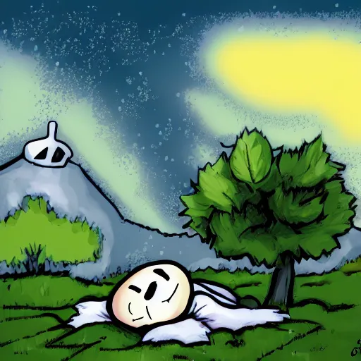 Prompt: Sans from undertale napping under a tree in the snow, digital art