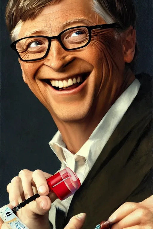 Image similar to Bill Gates smiling maniacally, holding a syringe, threatening to inject a frightened woman, artstation, by J. C. Leyendecker and Peter Paul Rubens,