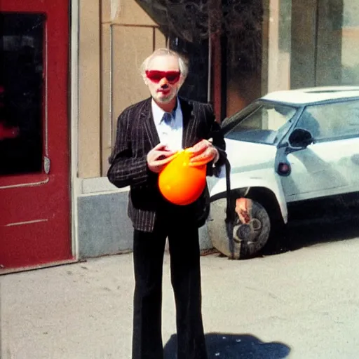 Image similar to hugh hopper holding an orange and a diet pepsi sitting on a street corner