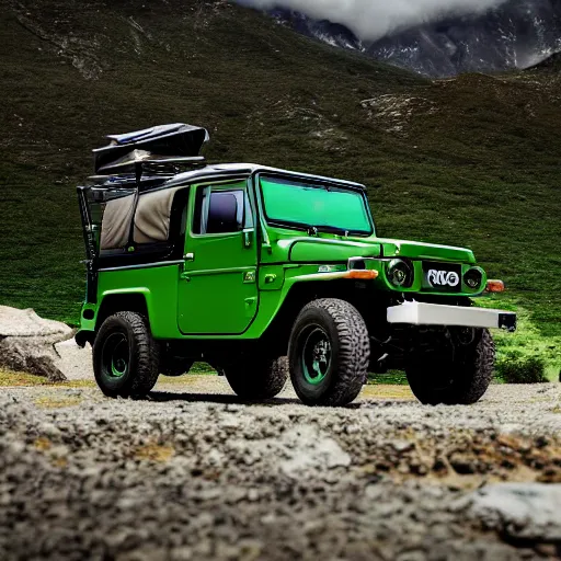 Image similar to closeup of a green Toyota Fj43 build in 1981, traveling through the mountains, black roof, with a roof rack, detailed, 8K, octane render, 8K,