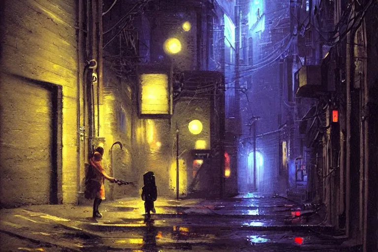 Image similar to dark cyberpunk alleyway, art by james gurney, trending on artstation, moon light isometric view tonalism, bokeh, surrealism, infrared, dadaism