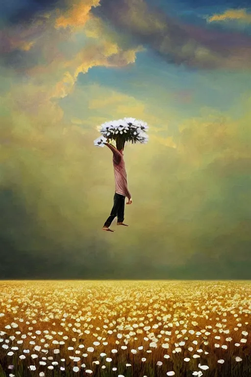 Image similar to giant white daisy flower as head, man dancing in a flower field, surreal photography, sunrise, dramatic light, impressionist painting, colorful clouds, digital painting, artstation, simon stalenhag