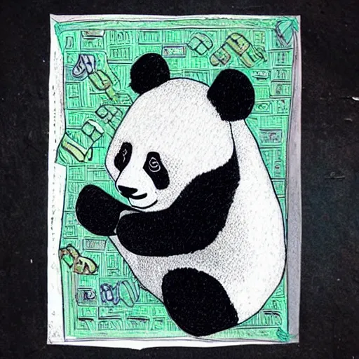 Prompt: “ hand drawn panda looking out into space, highly detailed textures, holding a bitcoin ”