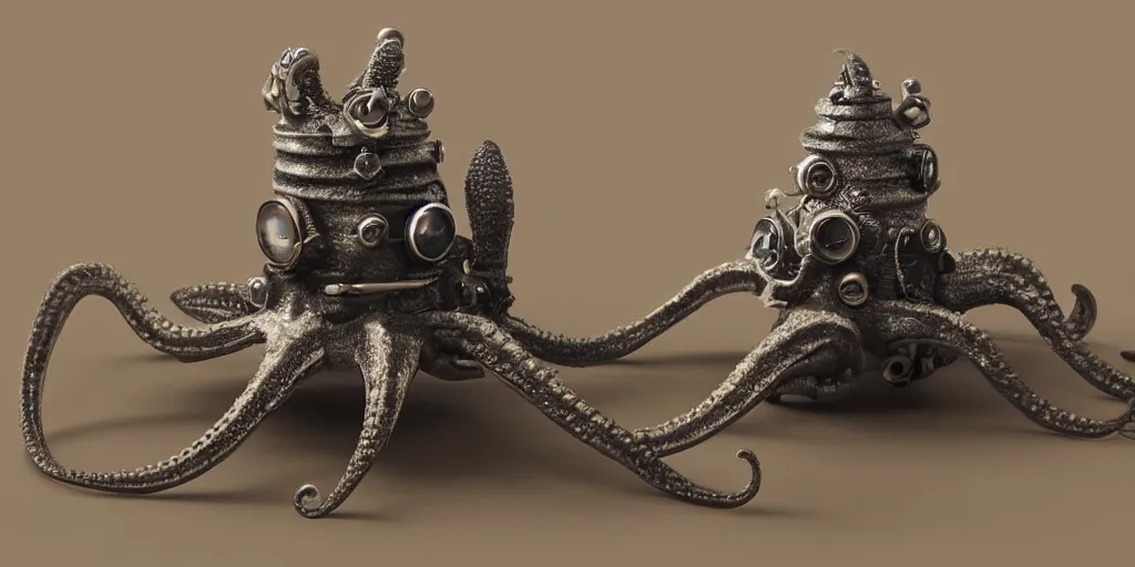 Image similar to low - angle medium shot of an miniature tetrapod octopus steampunk space alien from the future on its first day of driver's ed learning to parallel park. 8 k, 4 k, hq, 3 d render, digital art, dramatic lighting, comedy, science fiction, hyper realistic, ultra detailed. style of fifth element, gravity, silent running.