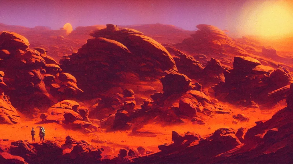 Image similar to mars empire of the mountains by paul lehr and john schoenherr, cinematic matte painting