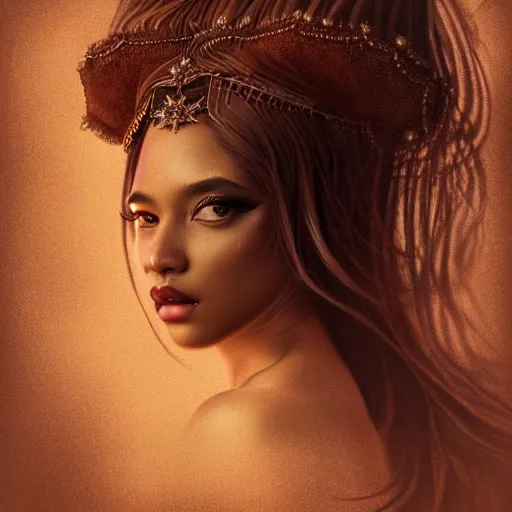 Prompt: vintage portrait of fairy goddess, zoom, rule of thirds, atmosphere, intricate, regal, latinas, ( brown skin ), symmetrical!!, loreal, maybelline, sephora, loreal, artstation, art by lee man fong, moody, ( ( cinematic ) ) concept art, filmic, vsco