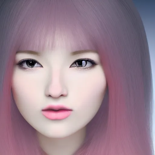 Prompt: A 3d cgi toon young woman with long pink hair, full bangs, amber eyes, pale skin, Chinese, medium shot, mid-shot, soft focus, 4k, trending on artbreeder