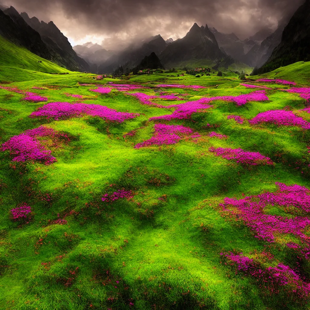 Image similar to amazing landscape photo of switzerland green spring with flowers by marc adamus, beautiful dramatic lighting