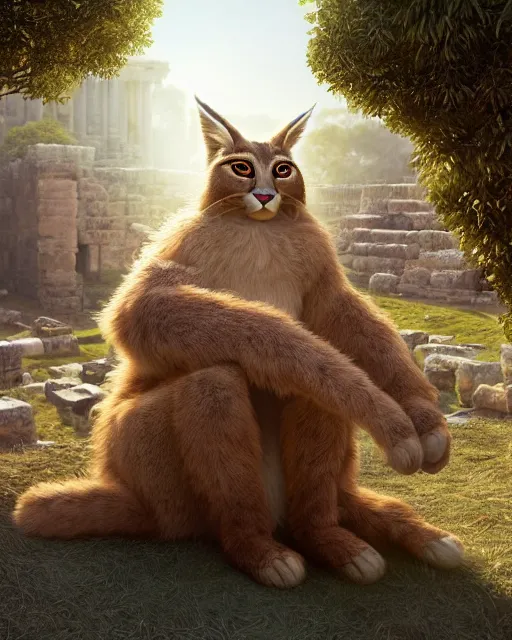 Prompt: fullbody photo of humanoid cute fluffy caracal dressed in toga, sun behind him, ancient greek city, sunny day, by ilya kuvshinov, rtx rendering, octane render 1 2 8 k, maya, extreme high intricate details by tom bagshaw, medium shot, composition by sana takeda, lighting by greg rutkowski