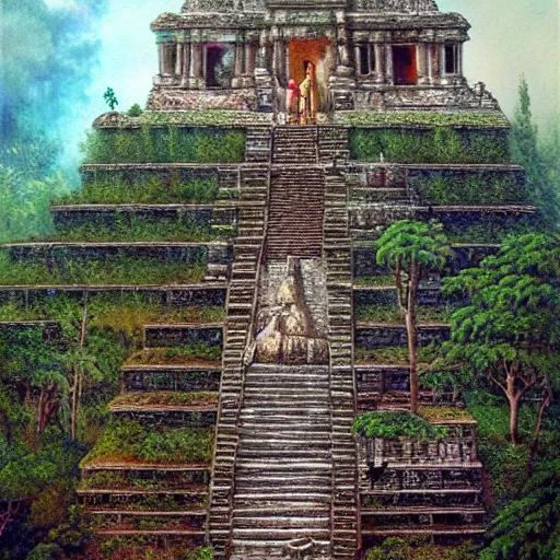 Prompt: ancient maya temple, art by daniel merriam, high details, complex decorations, beautiful view, mystical, very old, vines, hidden place, mysterious, enigmatic