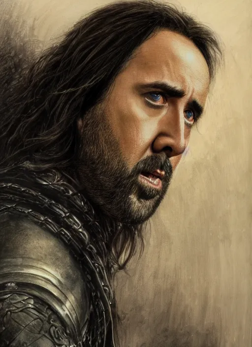 Image similar to portrait of nicolas cage as aragorn, action shot, strider, king elessar, by alan lee, lord of the rings, smooth, detailed terrain, oil painting, matte painting, concept art, trending on artstation, promotional artwork, film still, elegant, photorealistic facial features, intricate, detailed face, cinematic lighting