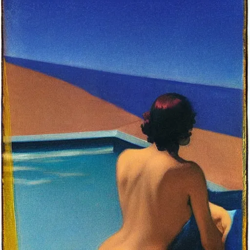 Image similar to dusty fantastic pool madeira platinum, by edward hopper and francisco goya, tarot card, seapunk